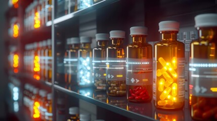 A concept design for a pharmacy shelf, where each medicine bottle lights up with the patients name and genetic suitability indicators - obrazy, fototapety, plakaty