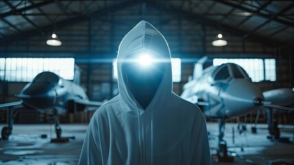 Hooded figure with glowing face in aircraft hangar - A faceless hooded figure with glowing light stands centrally in an aircraft maintenance hangar - obrazy, fototapety, plakaty