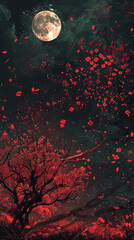 Romantic nighttime scenery with full moon - A dreamy digital image evoking romance with a red full moon, tree silhouette, and flower petals backdrop - obrazy, fototapety, plakaty