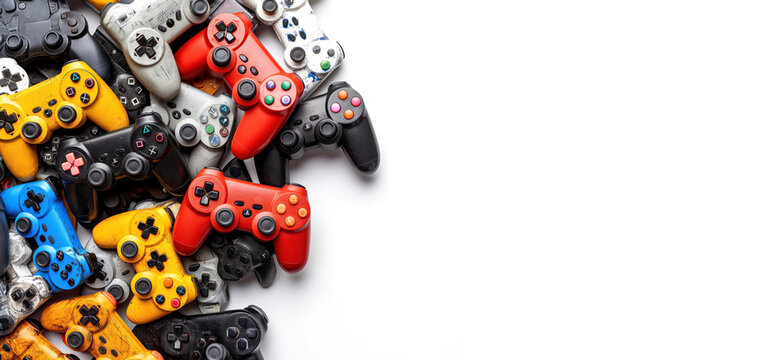 A Colorful Array of Vintage Gaming Controllers Unite for Digital Adventures.