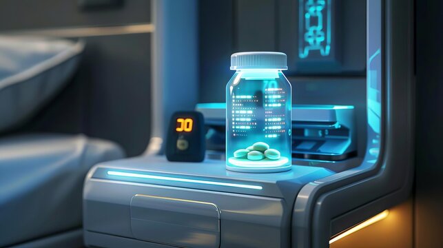 A patient s nightstand with a smart pill bottle that gently glows and displays dosage times and genetic compatibility