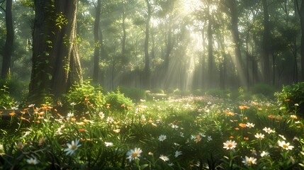 Fototapeta premium Sunlight filters through the trees in a beautiful spring forest scene, casting light on the vibrant green grass and ground's wildflowers, perfect for an overlay of text.