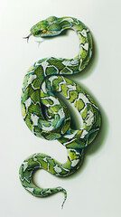 Realistic green python wrapped in a coil - A highly detailed image of a coiled green python showcasing its textured scales - obrazy, fototapety, plakaty