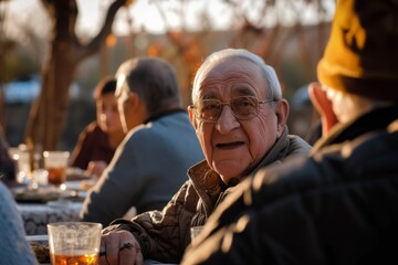 Elderly man sitting at a table in a restaurant and drinking beer