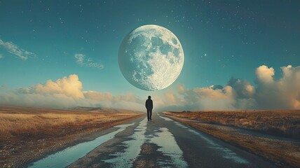 Person staring at a giant moon on road - A solitary figure stands on a wet road gazing at a massive moon against a starry sky, invoking a sense of awe and wonder