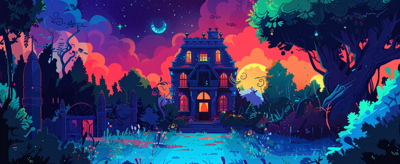 Haunted house banner, old abandoned home illustration