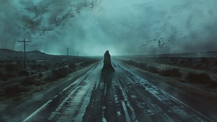 Solitary figure in snowy desert road - A solitary figure captures the cold, desolate spirit of a snowy desert road under a dramatic sky, expressing isolation and adventure