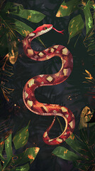 Obraz premium Stylized red snake among tropical foliage - A striking illustration of a beautifully patterned red snake intertwined with tropical leaves
