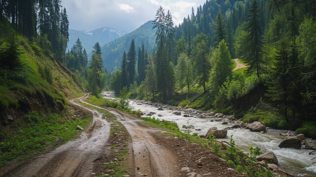 Truck driving on muddy path through forest