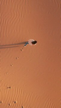 Vertical video. A person standing in the vast desert landscape, surrounded by sand dunes under a clear sky. The individual appears small in comparison to the expansive and barren surroundings.