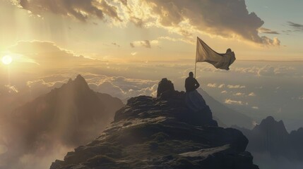 A solitary figure kneeling on a mountain top with a flag of peace waving, faith meeting the vastness of nature,
