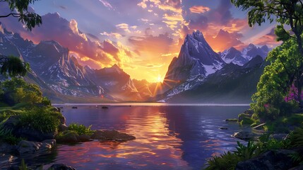 sunrise over the lake and mountain