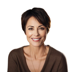 Fototapeta premium Portrait of a mature woman with happy smiling and short hair, isolated on white background