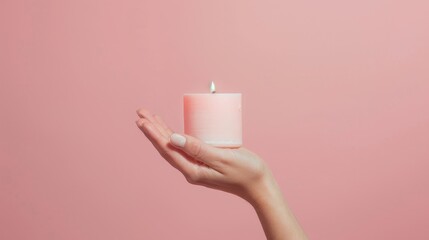 Hand holding a decorative candle, solid light pink backdrop, minimalist ad focus, studio lighting,