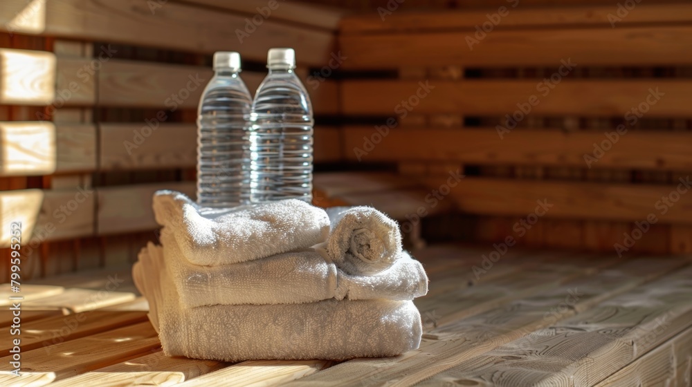 Poster A stack of towels and a bottle of water essential items to have when using the sauna..