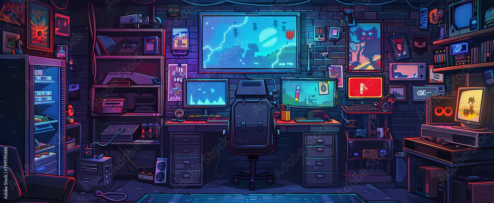 Wall mural gamer room setup with computer and wide monitor screen, setup for e-sports illustration background - Wall murals