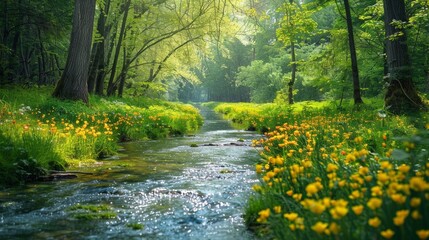 Fototapeta na wymiar A serene creek surrounded by woods and dotted with yellow blooms