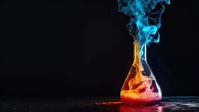 Colorful smoke emerging from a flask in a dark setting