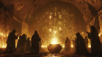 In a dark underground chamber a group of sorcerers chant and wave their wands as they brew a mysterious potion in a massive cauldron . . - obrazy, fototapety, plakaty