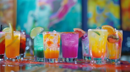 A variety of colorful mocktails adorning a table each one representing a different aspect of the...