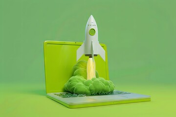 Green laptop launching a rocket into space - A vibrant 3D concept image of a green rocket launching from a laptop, symbolizing innovation and technology