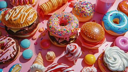 3D  dessert overload on pink background - A whimsical 3D  image of an overabundance of colorful and tempting desserts on a pink surface - obrazy, fototapety, plakaty