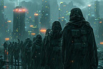 Solitary figure leading an army in cyberpunk setting - Amid a cyberpunk cityscape, a solitary figure stands in the forefront, facing an army of similar cyber figures