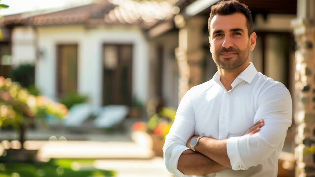 Professional, friendly real estate agent with arms crossed stands in front of attractive house. Conveys trust, expertise, ability to help clients find dream home.
