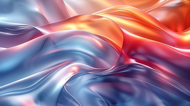 A flowing abstract background depicting chromatic waves, where overlapping diagonals in a color gradient from fiery reds to icy blues are beautifully enhanced by silver metallic lines