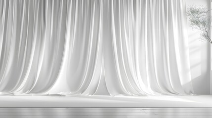 Minimalistic background with soft light in an empty white room, featuring a large white stage curtain on the wall, embodying a minimal style.