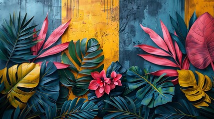 Dive into a geometrically stylized jungle, where layers of varying green tones overlap diagonally like leaves and vines, accented with pops of floral pink and yellow to celebrate the diversity.