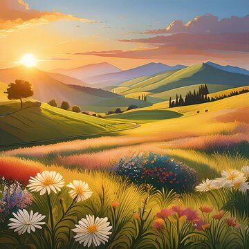 a dreamy landscape of rolling hills and blooming wildflowers, with the setting sun casting a warm glow over the countryside, ideal for pastoral-themed designs."