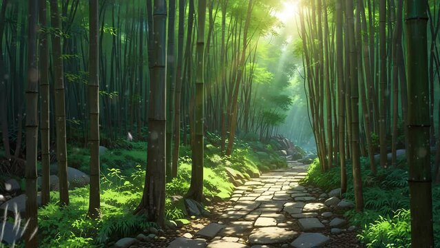 Breathtaking 4K looping video showcasing the beauty of a bamboo forest pathway in the serene morning light.
