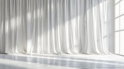 Minimalistic background with soft light in an empty white room, featuring a large white stage curtain on the wall, embodying a minimal style.