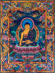 Traditional buddhist thangka painting style - Intricately detailed and colorful traditional Buddhist thangka painting of a seated figure