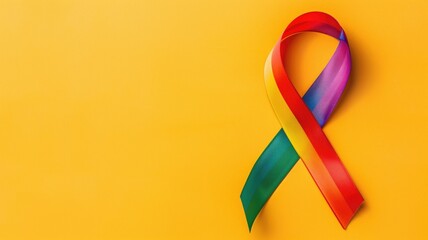 Rainbow ribbon forming loop on yellow background
