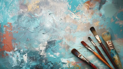 Assortment of paintbrushes on colorful, abstract painted canvas background