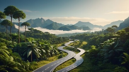 Road to the mountains 3d illustration of curved road with floating forest