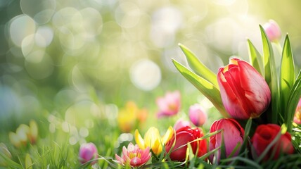 Red and yellow tulips with lush green leaves in sunlit, bokeh background