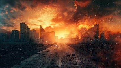Apocalyptic cityscape with fiery sky and destroyed buildings