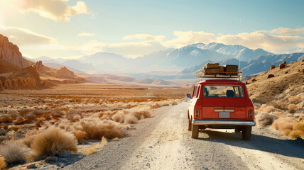 Red SUV traveling on dirt road amidst dry landscape with mountains in background and luggage roof - Powered by Adobe