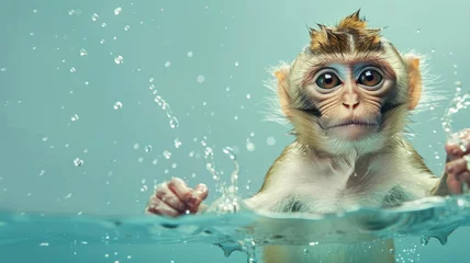 Fotobehang Monkey half-submerged in water, looking surprised with wide eyes © Татьяна Макарова