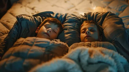 Fotobehang Two children sleeping peacefully under warm lighting © Татьяна Макарова
