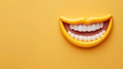 Fotobehang Vibrant yellow background featuring smiling mouth toy © Татьяна Макарова