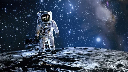 Fotobehang Astronaut walking on moon with stars in background © Татьяна Макарова