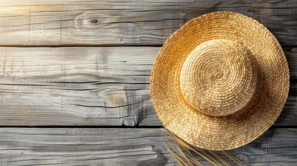 Fotobehang Straw hat on wooden planks, sunlit texture detail © Татьяна Макарова