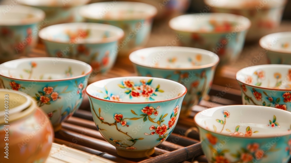 Poster A set of elegant tea cups each one being expertly molded and painted with intricate flowers and designs..