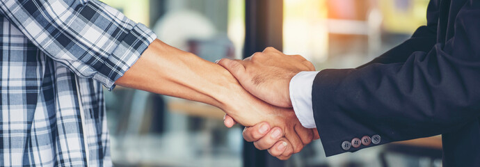 Banner Trust honesty business customer handshake together promise partner. Panorama Businessman...