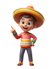 Mexican cute boy points out the finger for advertising, 3D Cartoon for Cinco de Mayo and Day of the Dead Decor, boy with Sombrero