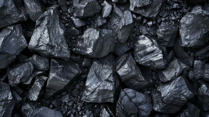 Silvery chunks of coal glisten in a textured heap